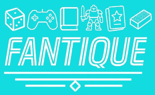 Logo of 'Fantique' with gaming-themed icons on a teal background